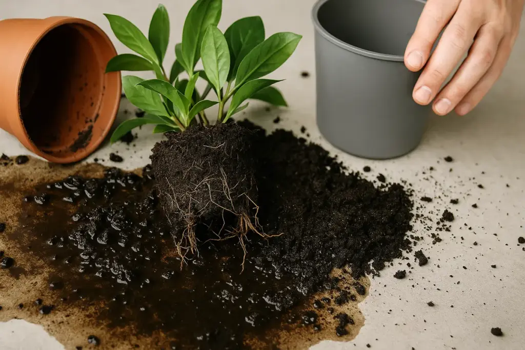 Terriccio bagnato durante il travaso: il rischio che compromette le radici